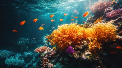 Obraz premium Colorful coral reef with fish swimming. Ideal for marine life, ocean, and underwater photography.