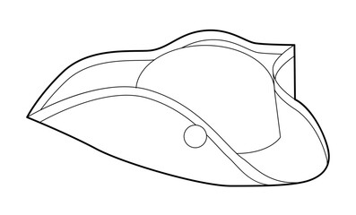 Tricorne Hat. Head Fashion accessory cap with wide brim clothing technical illustration. Vector headgear for Men, women, unisex style, flat template CAD mockup sketch outline isolated