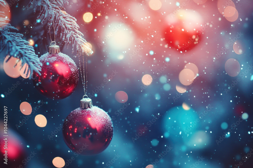 Poster Christmas balls hanging from a tree branch, with soft snow falling in the background, creating a festive winter scene.