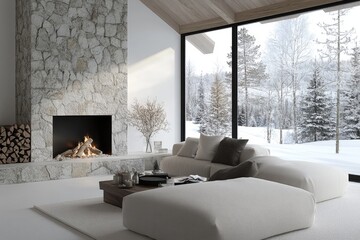 Festive ambiance: cozy Christmas room featuring warm fireplace, beautifully decorated tree, picturesque window, perfect setting for celebrating New Year Eve with family and friends.