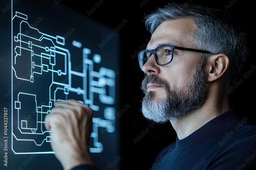 Poster a man interacting with a digital interface, showcasing advanced technology in a modern setting.
