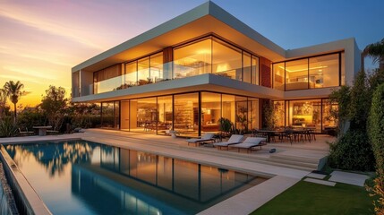 Modern Luxury Villa with Sunset Reflection