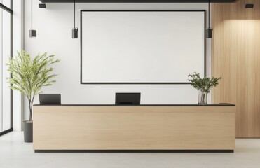  A mockup of an empty white frame on the wall above a modern reception desk, showcasing a minimalistic interior design with light wood and black accents.
