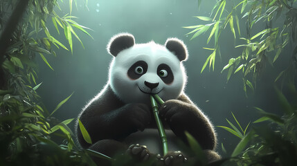 Obraz premium A solitary giant panda munching on bamboo. Storm Giant. Illustration