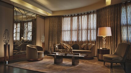 Fototapeta premium Art Deco Elegant living room with plush furniture, a large window, and a statement mirror.