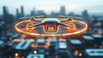 Close-up of a futuristic drone hovering mid-air, ready for a package drop in a smart city landscape, drone delivery technology, urban aerial logistics solutions