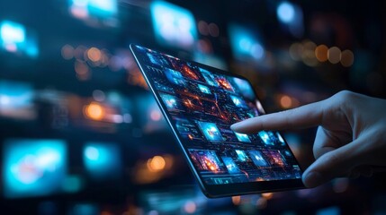 Close-up of a hand holding a tablet displaying OTT audience engagement data with live ad placements, OTT ad engagement, programmatic buying insights
