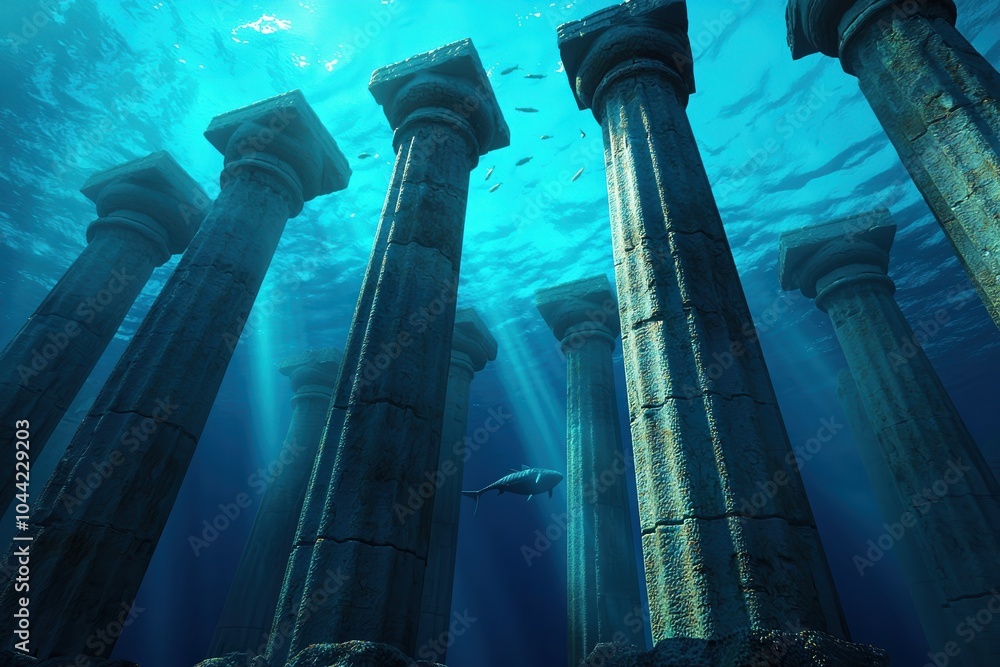 Poster ancient underwater columns surrounded by fish and light rays, creating a serene marine atmosphere.
