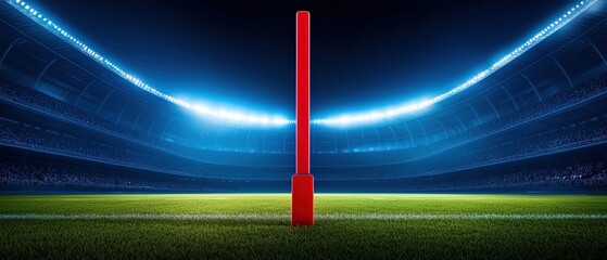 Brightly lit rugby goalpost during a night match on a vivid green field.