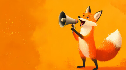 A lively fox holds a megaphone, showcasing its playful spirit against a bright orange background, background with copy space. Spirit Fox. Illustration
