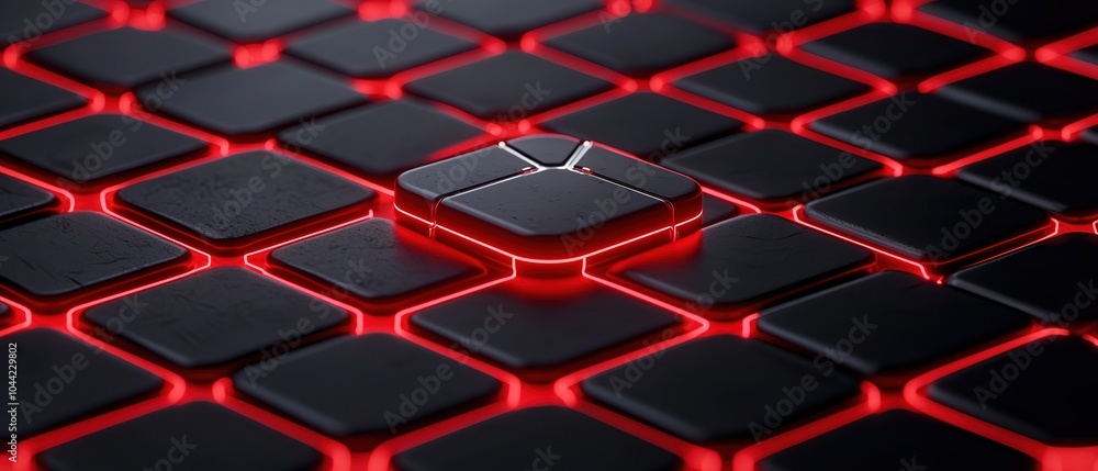 Poster close-up of illuminated black keys with a red glowing design, modern digital interface.