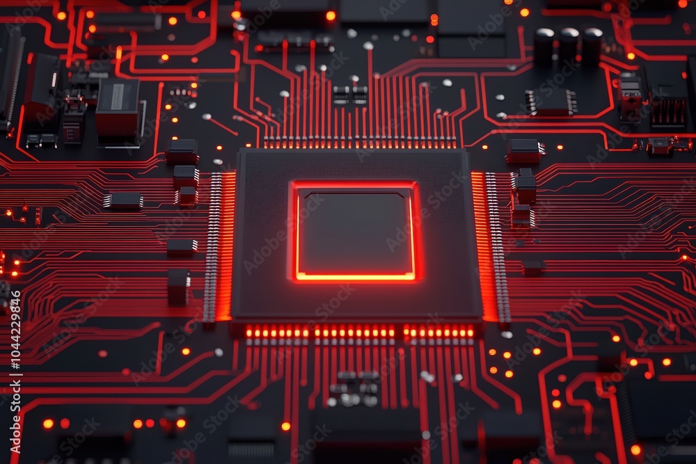 Poster close-up view of a microchip on a dark circuit board with glowing red accents, innovative technology