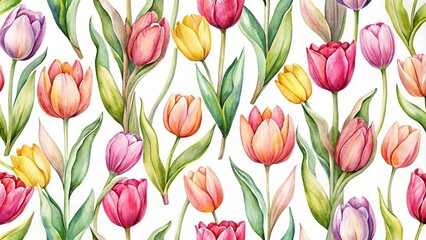Obraz premium Seamless background with tulip flowers watercolor effect