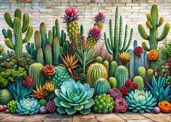 Fototapeta premium Southwestern Wall Mural with Vivid Succulents and Cactus on Old White Brick Wall for Interior Decor