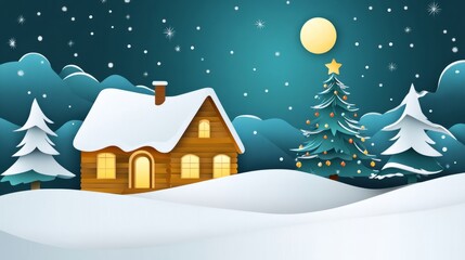 Naklejka premium 3d cartoon illustration house in the snowy forest with christmas tree. greetin gard