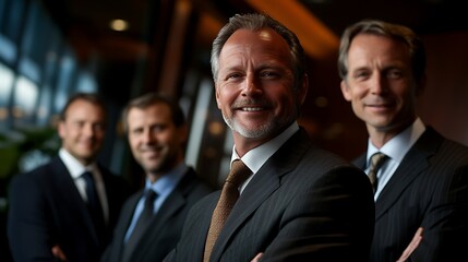 Four businessmen in suits smiling confidently at the camera.