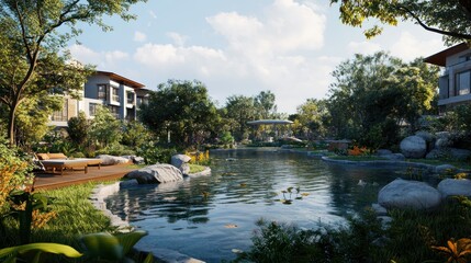 Obraz premium A serene landscape featuring a tranquil water body surrounded by lush greenery and modern buildings.