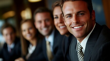 Smiling business team looking at the camera, sitting in an office.