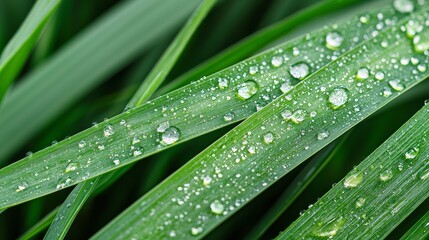 Naklejka premium Close-up of fresh green grass blades covered in tiny water droplets, morning dew glistening in natural sunlight, green grass water drops, nature detail shot