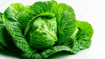 Fototapeta premium Close-up of fresh Napa cabbage with crisp leaves, isolated on a white background, vibrant greens and smooth textures