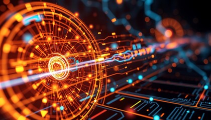 Futuristic Technology Background with Glowing Circuits and Digital Data Streams	
