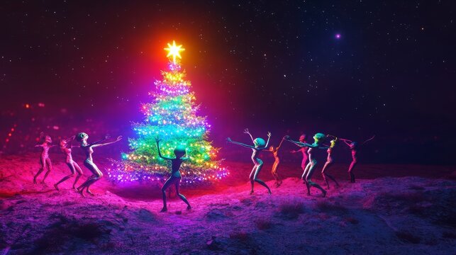 abstract 3d illustration with alliens standing by christmas tree on red landscape for greeting card