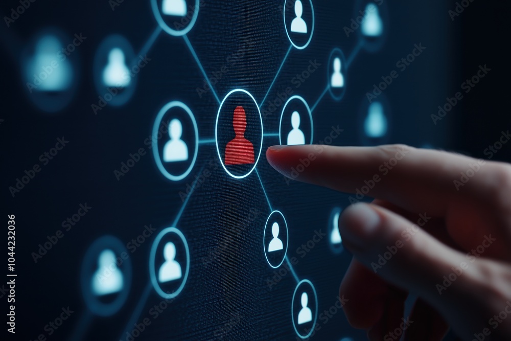 Poster finger pointing at digital social network nodes on a dark background, showing connectivity and commu
