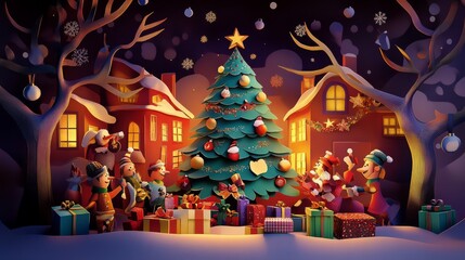 Obraz premium 3d paper art background with christmas decoration for greeting card