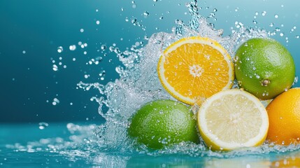 Fresh citrus fruits splashing in water, vibrant colors, bright and refreshing, on a cool blue background.