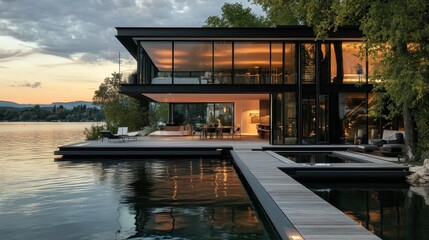 Fototapeta premium Modern Lakeside Home with Sleek Architectural Design