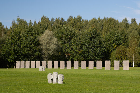 German military cemetery near the village of Sologubovka, Leningrad Oblast, Russia. Stone crosses and slabs with lists of German soldiers who died during World War II in the Leningrad Oblast of Russia