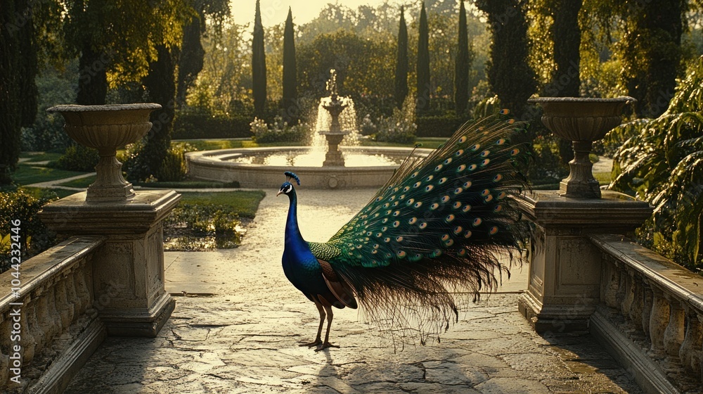 Poster a peacock with its tail feathers fanned out stands on a stone path in a garden with a fountain and l