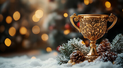 Gold winner's trophy against festive Christmas tree lights