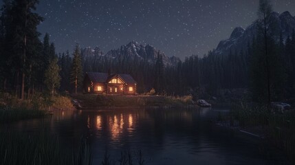 Fototapeta premium A cozy cabin with warm lights sits on the edge of a still lake under a starry sky, nestled in a forest with snow-capped mountains in the distance.