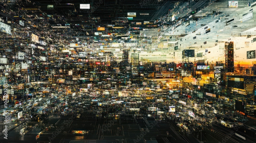 Poster a digital cityscape filled with overlapping images and data, representing information overload.
