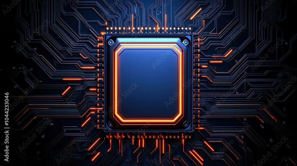 Aufkleber futuristic microchip illuminated with vibrant circuits on a dark background.