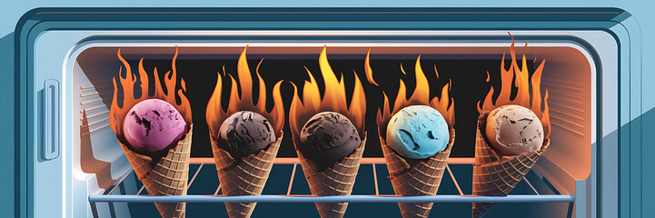 Melting ice cream cones in a freezer  orange and blue  summer heat  melting ice cream   