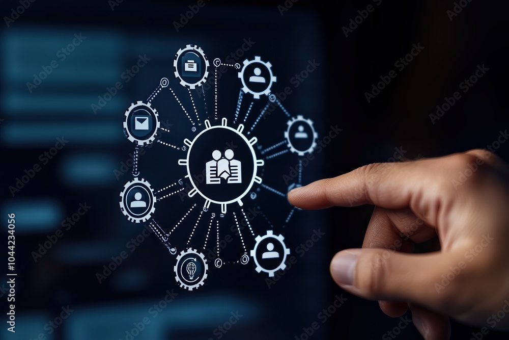 Poster hand interacting with digital interface, icons representing networking and connectivity.
