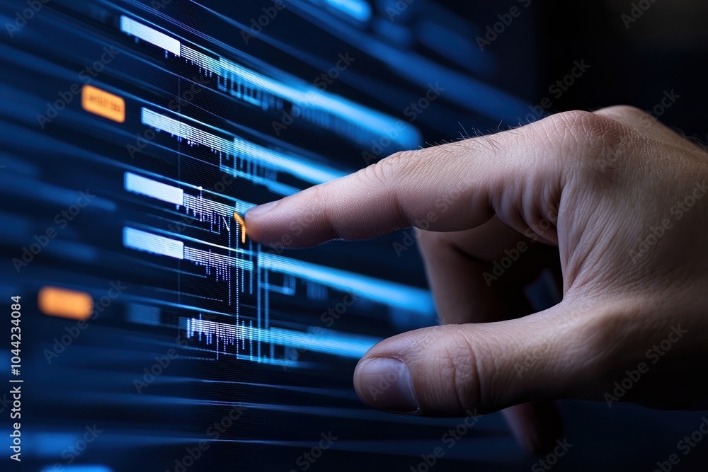 Poster hand interacting with digital interface on screen over dark background.