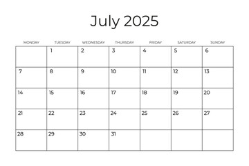 Printable Monthly Calendar Template for July 2025. Wall Calendar in a Minimalist Style. Week Starts on Monday. Simple and clean design
