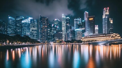 Obraz premium A panoramic view of a modern city skyline at night with brightly lit skyscrapers reflecting in the water.