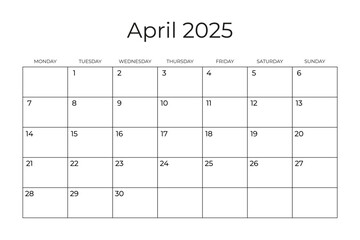 Printable Monthly Calendar Template for April 2025. Wall Calendar in a Minimalist Style. Week Starts on Monday. Simple and clean design