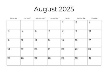 Printable Monthly Calendar Template for August 2025. Wall Calendar in a Minimalist Style. Week Starts on Monday. Simple and clean design