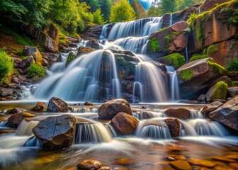 Stunning Close-Up of Rocky Waterfall with Cascading Water and Lush Greenery - Nature Photography
