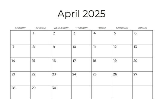 Printable Monthly Calendar Template for April 2025. Wall Calendar in a Minimalist Style. Week Starts on Monday. Simple and clean design
