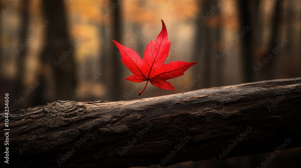 Poster a single red maple leaf rests on a branch in an autumn forest, the leaf stands out against the blurr