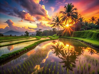 Obraz premium Stunning Double Exposure of Rice Paddy Reflections at Sunset in Bali, Indonesia