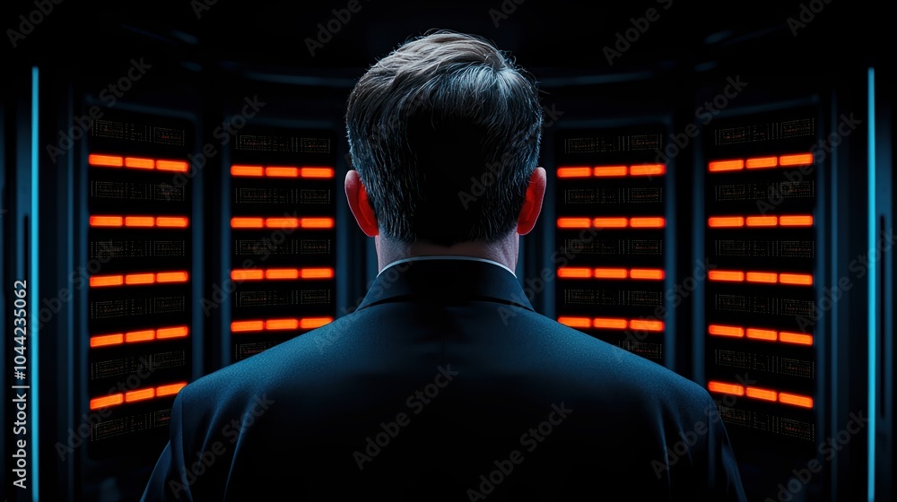 Poster man in suit standing in front of data servers with glowing lights, representing technology and data 