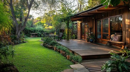 Obraz premium Serene Garden View with Wooden Deck and Lush Greenery