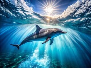 Naklejka premium Stunning Drone Photography of Blue Dolphin Swimming in Vibrant Blue Waves for Nature Lovers and Ocean Enthusiasts